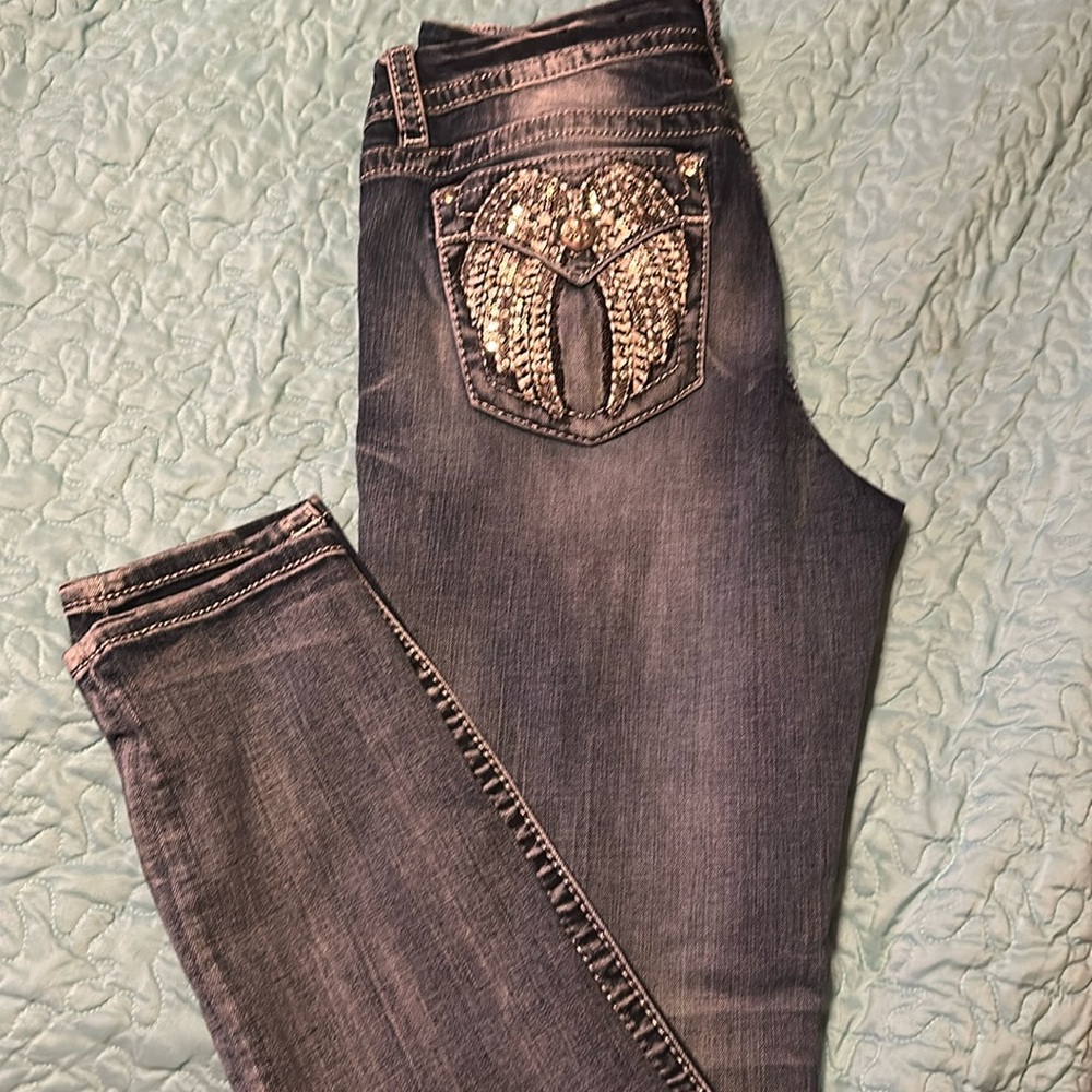 Miss Me Jeans Women Size 30 Rhinestones Angel Wing Back Pockets Mid Rise Skinny